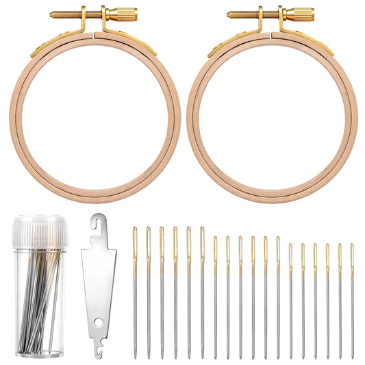 2PCS 3 Inch Wooden Embroidery Hoops, 30PCS 3 Sizes Embroiderys Needles, and 1PCS Needle Threader, Wood Circle Cross Stitch Hoops Ring Small Embroidery Hoop Frame Embroiderys Ring for Art Craft Sewing