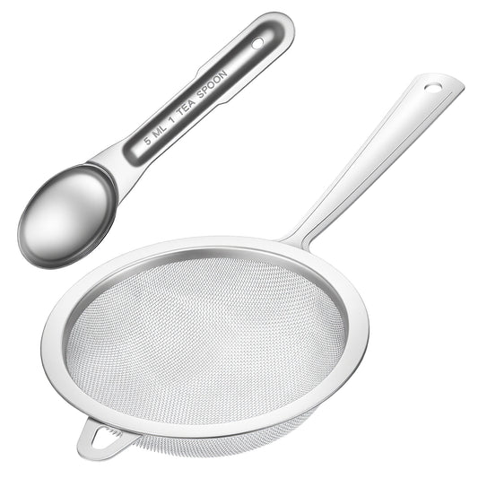 3.5 Inch Fine Mesh Strainer with Handle and Scoop 304 Stainless Steel Sieves Sifters Set of 2 Professional Kitchen Fine Mesh Food Strainer and Hot Pot Skimmer for Tea, Coffee, Juice, Cocktail, Baking