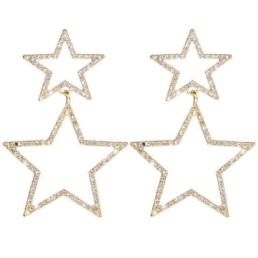 Star Earrings, Gold Star Earrings Dangle Glitter Star Rhinestone Earrings for Women Hollow Big Double Star Hoop Earrings Stylish Accessories for Women Girls Birthday Christmas Party Festival Daily