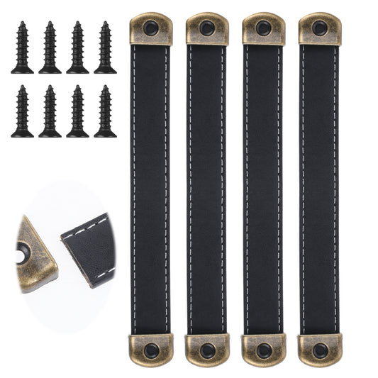 Psyqtsuary 4Pcs Leather Drawer Pulls 7" Leather Trunk Handles Leather Handle Leather Cabinet Handles Leather Strap Handles with Screws for Living Room Bedroom Kitchen (Black Brown)