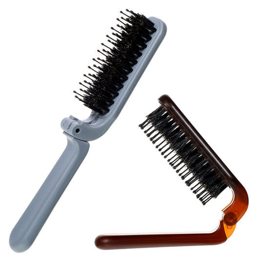 2 PCS Mini Folding Hair Brush, Detangler Travel Foldable Brushes Small Boar Bristle Hair Brushes, Portable Pocket Size Travel Brush for Women Compact Purse Brushs for Any Hairstyles Restore Shine