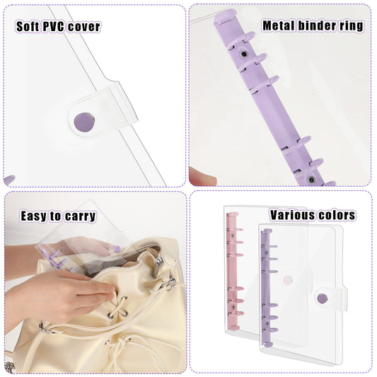 3 Pack A6 Soft PVC 6 Rings Binder, Clear Budget Binder, Refillable Planner Binder, Round Ring Binder Cover 6 Ring Binder Soft Binder with Snap Button Closure for Refillable Notebook