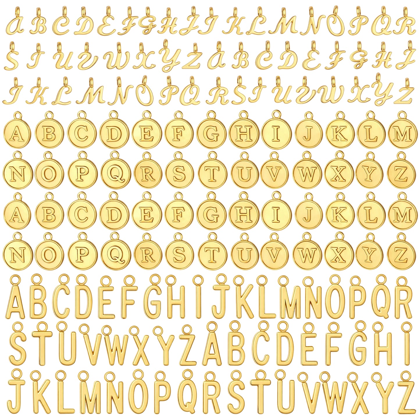 156PCS Alphabet ABC Letter Charms, Gold Letter Charms for Bracelets, Capital A-Z Charm Metal Pendant Necklace Charm with 200PCS Open Jump Rings for DIY Crafting Jewelry Making Supplies, 3 Styles