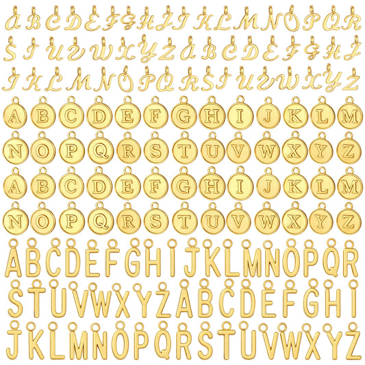 156PCS Alphabet ABC Letter Charms, Gold Letter Charms for Bracelets, Capital A-Z Charm Metal Pendant Necklace Charm with 200PCS Open Jump Rings for DIY Crafting Jewelry Making Supplies, 3 Styles