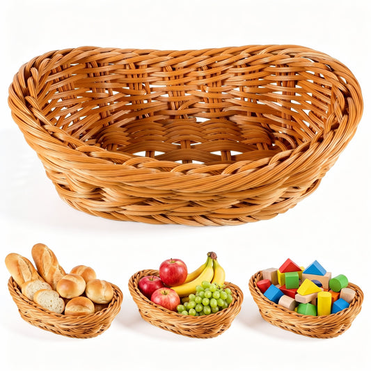 Small Poly Wicker Woven Bread Basket, 20 x 12.5 x 7.3 cm Oval Plastic Wicker Serving Basket for Serving Fruits Vegetables Kitchen Restaurant Display Centerpiece Storing Bread (Brown)