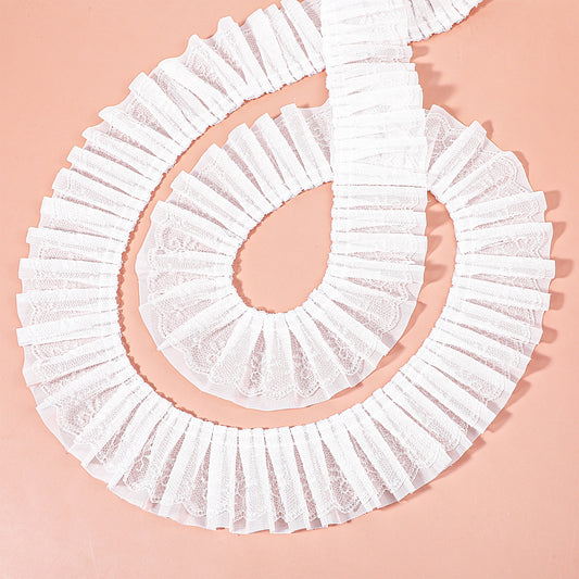 White Lace Trim Ruffle Ribbon 4.5m Double-Layer Pleated Chiffon Lace Elastic Trim Sewing Laces for Clothing, DIY Craft, Pillowcase Decoration, 6cm Wide 5 Yard