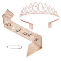 FdcLixuvol 30th Birthday Sash and Tiara, 30th Birthday Decorations Gifts for Women Rhinestone Crown Kit (Rose Gold)