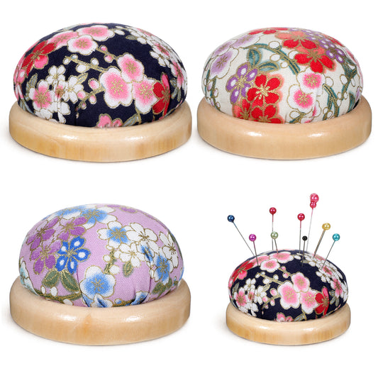 3 Pcs Pin Cushion Wooden Base Cute Needle Pincushions Japanese Style Pincushions Pin Holder for Sewing Quilting Embroidery and DIY Crafts Includes White Black and Purple Patterns