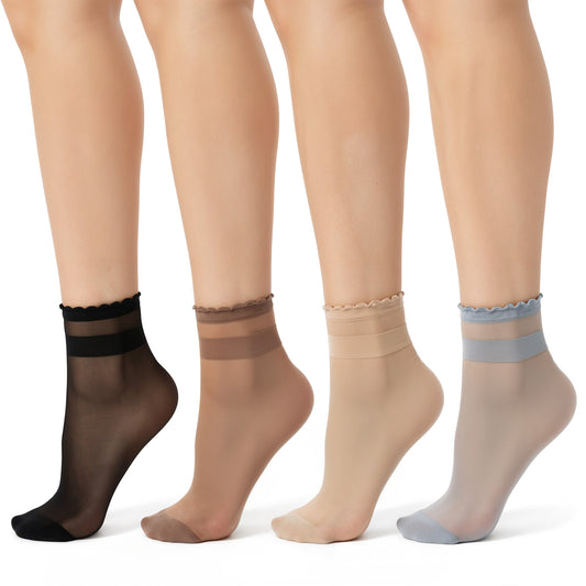 8 Pairs Womens Sheer Ruffle Socks, Ultra Thin Nude Ankle Socks, See Through Silk Nylon Stockings, Anti-Slip Invisible Elastic Short Sheer Sock for Women, Cool Breathable Summer Sock (4 Colors)