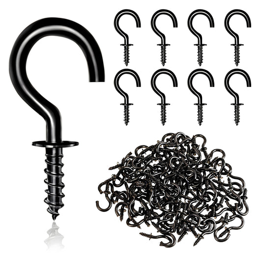 FdcZeyxior Metal Ceiling Hooks, 100 Pieces 1/2'' Outdoor Garden Hooks Heavy Duty Black Wall Hook Screw in Cup Hook for Wood Mug Key Garden Light Hanging Outdoor Indoor