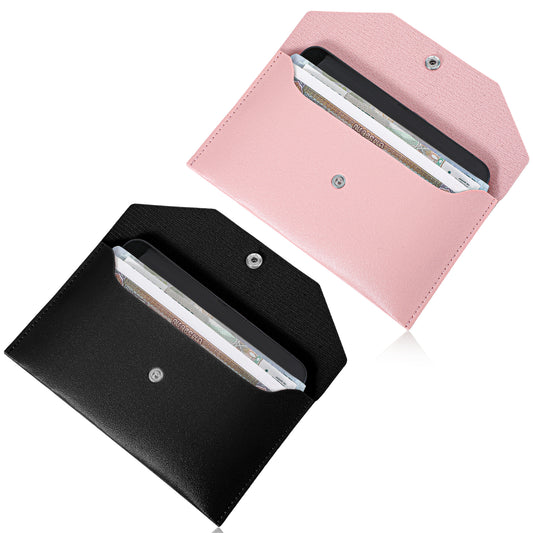 Cash Envelope Wallet, 2 Pcs PU Leather Cash Wallets for Women Reusable Money Organizer for Cash Waterproof Budget Envelope for Money Receipt Coin Check Billing (Black, Pink)