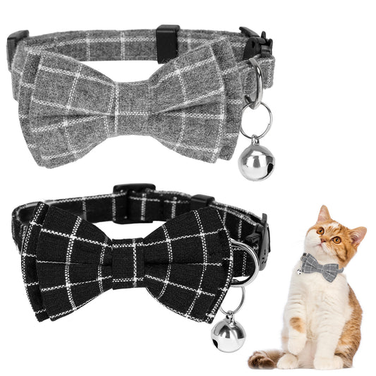 2PCS Blue and White Plaid Cat Collar with Bells, Cat Collar Breakaway Bowtie with Bells, Removable Bow Tie Collars, Cute Plaid Kitten Collars Bowtie(Color 2)