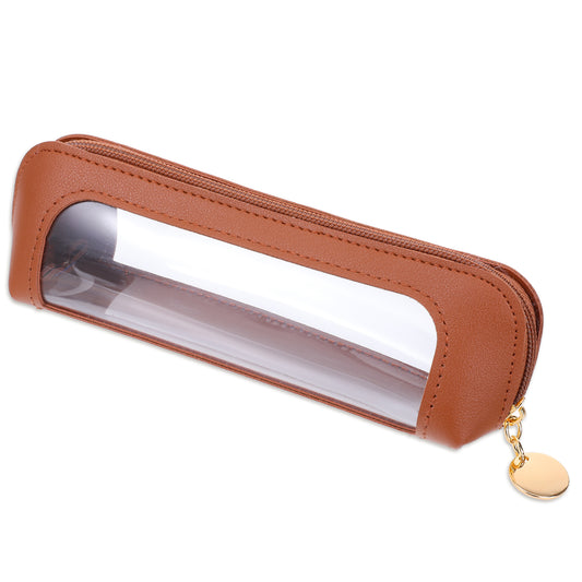 Clear Makeup Pouch, PU Leather Small Makeup Brush Bag Portable Travel Mini Cosmetic Bag Transparent Waterproof Organizer Pouch with Zipper for Women Home Travel Office Cosmetic Storage (Brown)