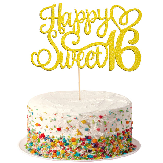 1PC Gold Glittery 16th Happy Birthday Cake Topper, Happy 16th Birthday Cake Topper Happy Birthday Candles Sweet 16 Cake Decorations for Celebrating 16th Birthday Anniversary Party Decorations
