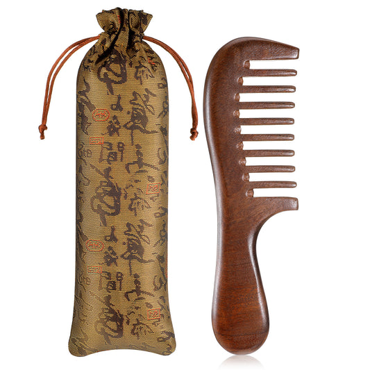 Thicken Wooden Wide Tooth Comb for Curls, Sandalwood Comb Anti-Static Large Natural Sandalwood Wooden Combs with Exquisite Chinese Storage Bag Curly Hair Combs for Women Men