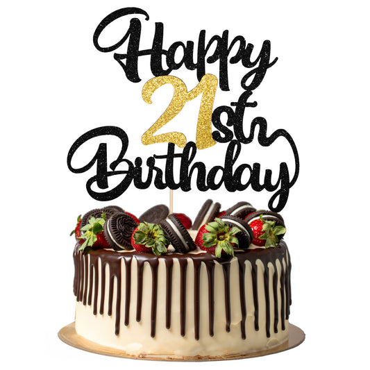 21th Happy birthday Cake Topper 21th Birthday Decorations Black Gold Glitter Happy Birthdays Decorations Cheers to 21 Years Birthdays Cakes Topper Cake Gift Plugin Anniversary Party Cakes Supplies
