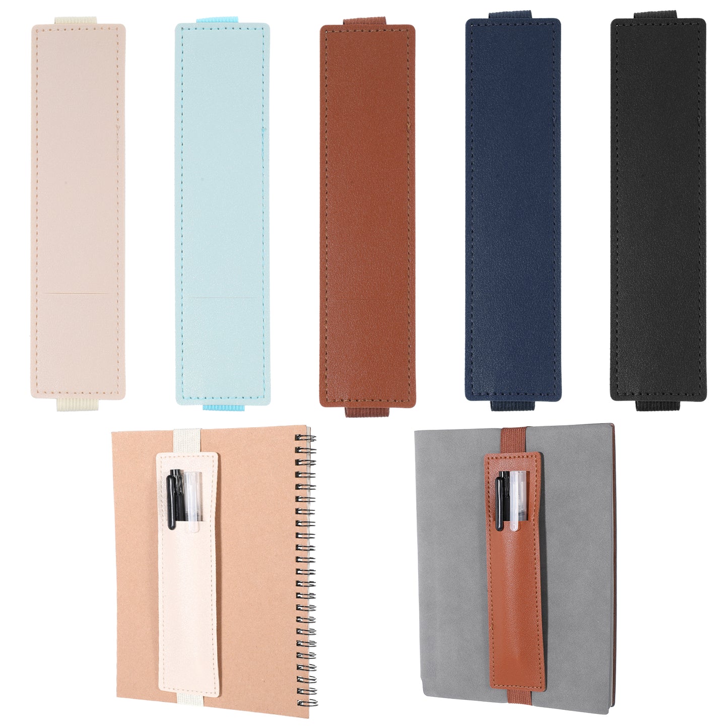 Xthrotsenk 5Pcs Elastic Pen Holder for Notebook Leather Pen Sleeve Pouch Adjustable Detachable Straps Pencil Case for Journal Planner Binders Books(5 colors)