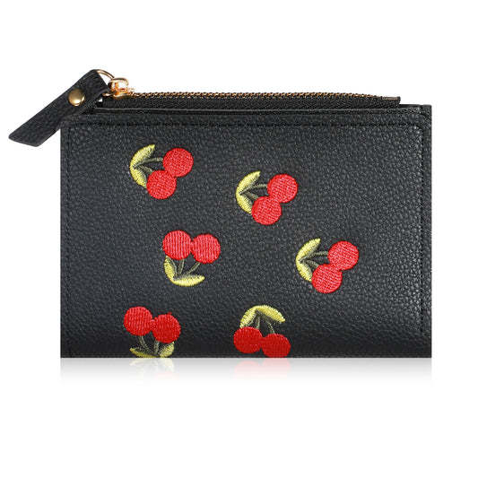 Cherry Wallets For Women, Short Cherry Embroidery Trend Ladies Small Wallets Leather Bifold Cute Wallet With Zipper Coin Pocket Wallets Black Cherry Card Holder Id Window For Women Ladies Female