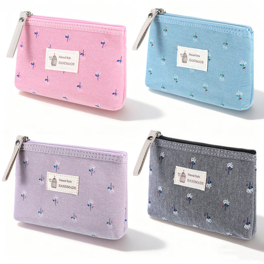 Mini Cosmetic Bag, 4 Pcs Linen Floral Small Pouches for Purse Portable Small Zipper Pouse Cute Fabric Purse Organizer Pouches for Women Home Travel Lipstick Coin Cosmetic Storage (4 Colors)