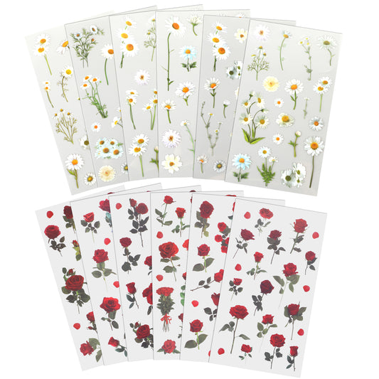 Flower Stickers, 12 Pcs Transparent Floral Stickers Waterproof Daisy Rose Flower Decals Vintage Vinyl Flower Themed Stickers for Scrapbooking, Card Making, Journal Supplies, Water Bottles, DIY Crafts