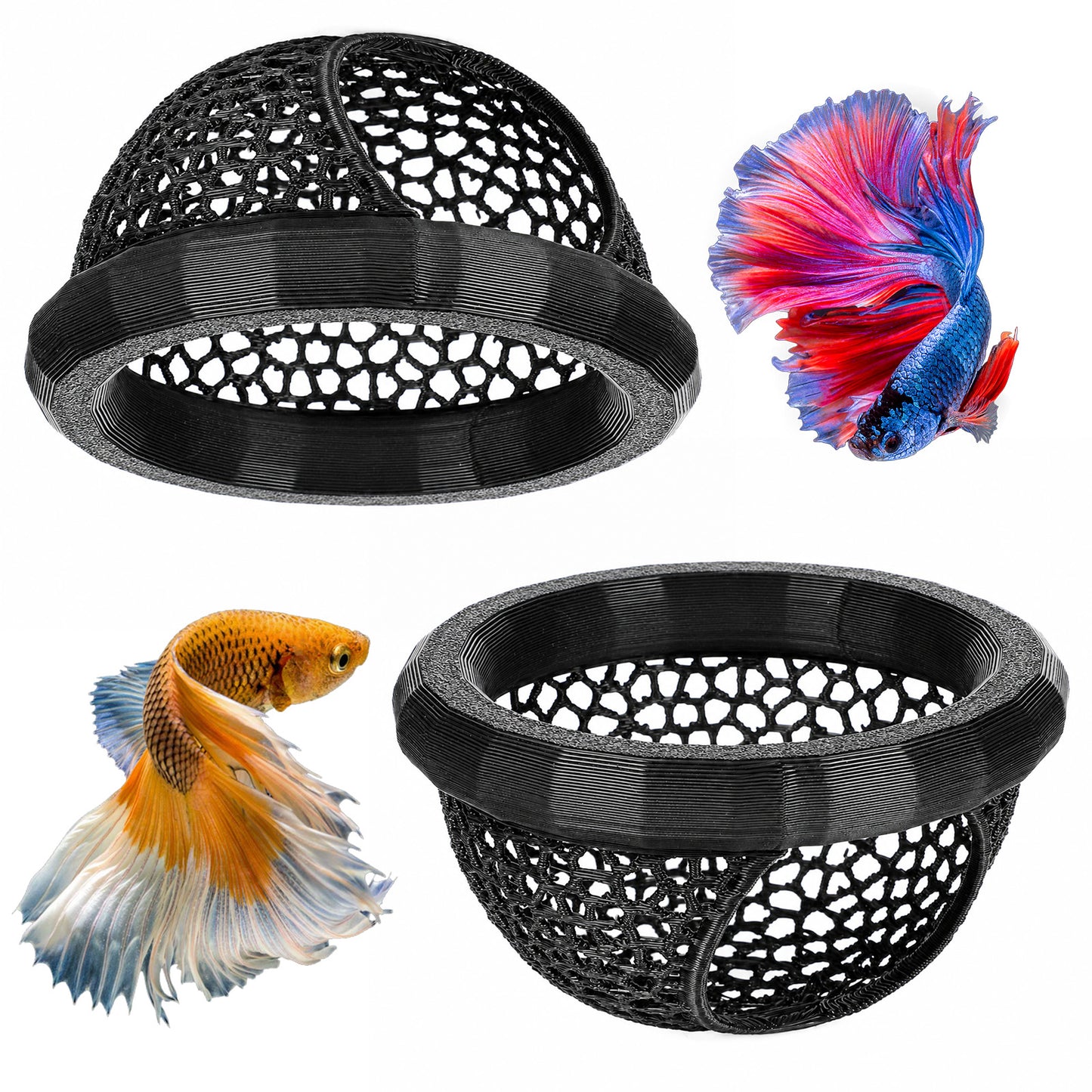Skrfren 2 PCS Floating Betta Hide Cave, Floating Aquarium Hide 3D Printed Aquarium Decor with Feeding Ring Betta-Hammock Safe Cave Ornament Decoration for Betta-Fish, Shrimp, Small Fish (Black)