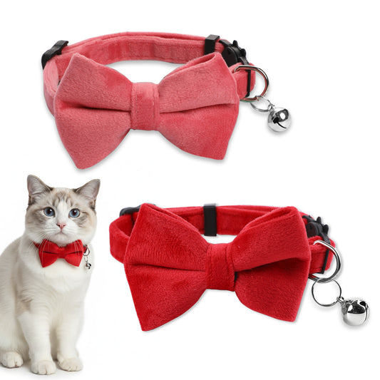 2 Pcs Velvet Cat Collar with Bell and Bowtie, Adjustable Breakaway Cat Collars for Small Cats(Rose Red and Red)