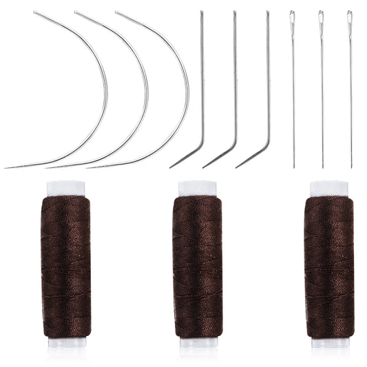 Hair Needle and Thread Set 12 Pcs Sewing Hair Extension Tools Curved Needle Brown Weaving Threads for Making Wig, Sew in Needles and Thread(Brown)