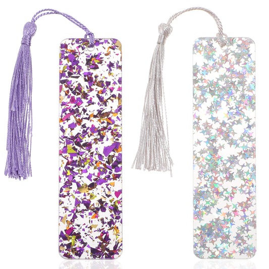 2Pcs Glitter Bookmark Girls Tassel Bookmarks for Women Purple Silver Bling Iridescent Bookmark with Tassel Acrylic Resin Book Marks with Colorful Silk Tassels for Book Lovers Reading Presents