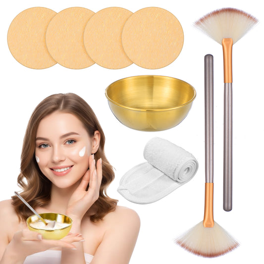 Facial Bowl and Fan Brushes Set, 10 Pcs Compressed Facial Sponges 2 Pcs Fluffy Fan Brushes 1 Mask Mixing Bowl 1 Headband for Esthetician Professional Mask Applicator for Salon SPA Skincare (Gold)