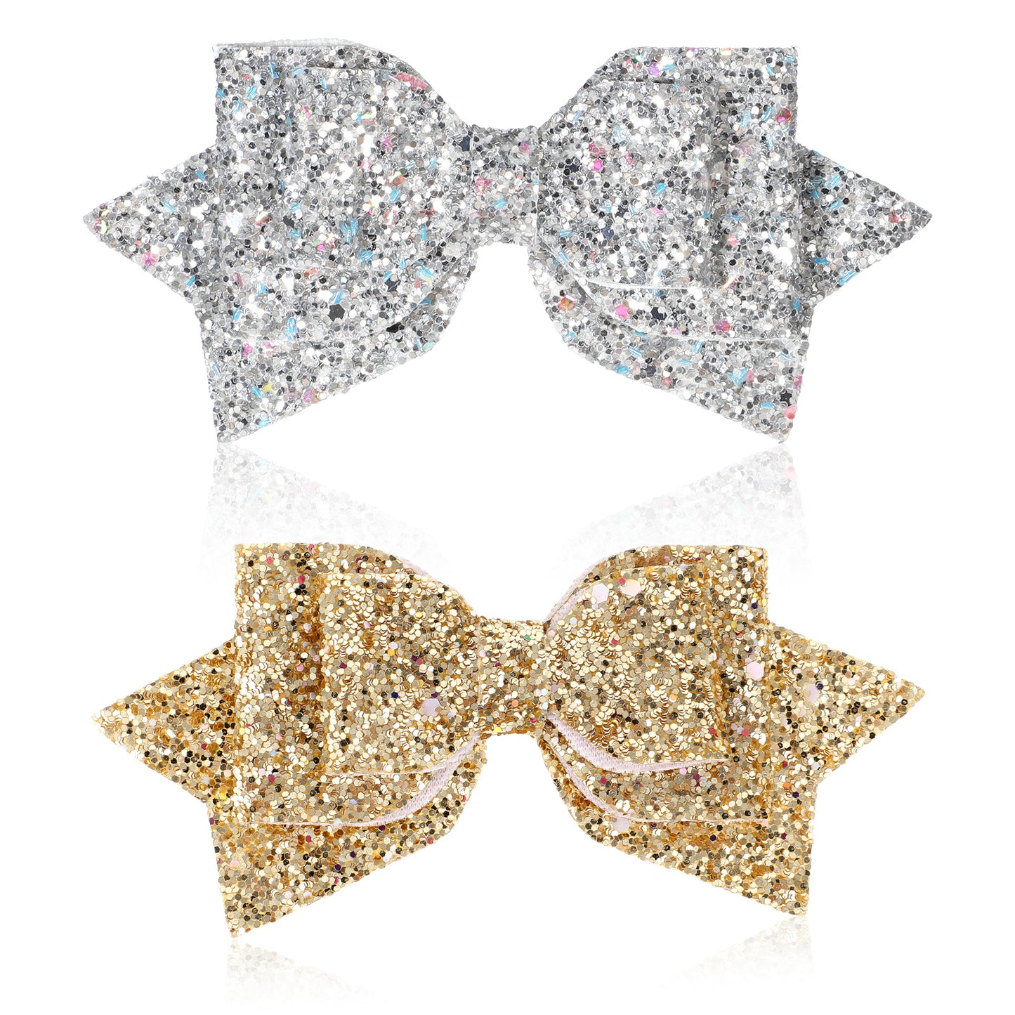 2 Pcs Gold Silver Hair Bow Clips, 5 Inch Glitter Hair Bows for Girls Sparkly Double Bowed Accessories Glitter Sequin Boutique Head Clip Delicate Satin Headwear Set for Birthday Wedding Party Back Scho