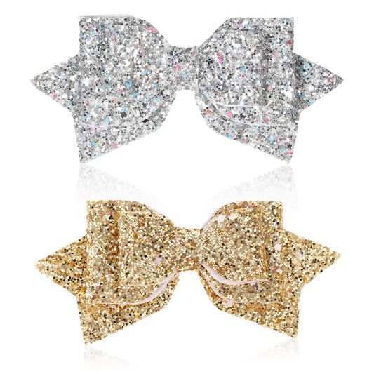 2 Pcs Gold Silver Hair Bow Clips, 5 Inch Glitter Hair Bows for Girls Sparkly Double Bowed Accessories Glitter Sequin Boutique Head Clip Delicate Satin Headwear Set for Birthday Wedding Party Back Scho
