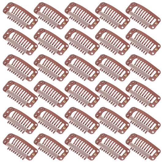 30 Pcs 32 mm Hairpieces Snap Clips 9-teeth Hair Extension Clips Metal Silicon Snap Clips for Women's Wigs Hair Extensions Making Wig Accessories Set Tools (Light Brown)