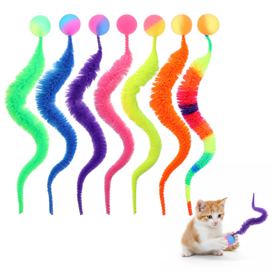 Ezymivs Magic Bouncy Balls for Cats, 7 Packs Rainbow Interactive Cat Toy Balls Colorful Fuzzy Worm Bouncy Ball with Tail for Indoor Cats