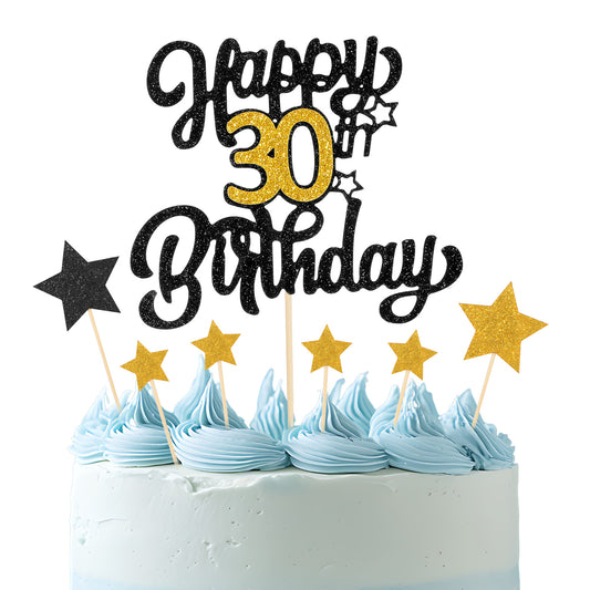 Happy 30th Birthday Cake Topper 30th Happy Birthday Cake Topper Black Gold Glitter Cheers to 30 Years Birthday Cake Pick 30th Anniversary Cake Topper for Birthday Party
