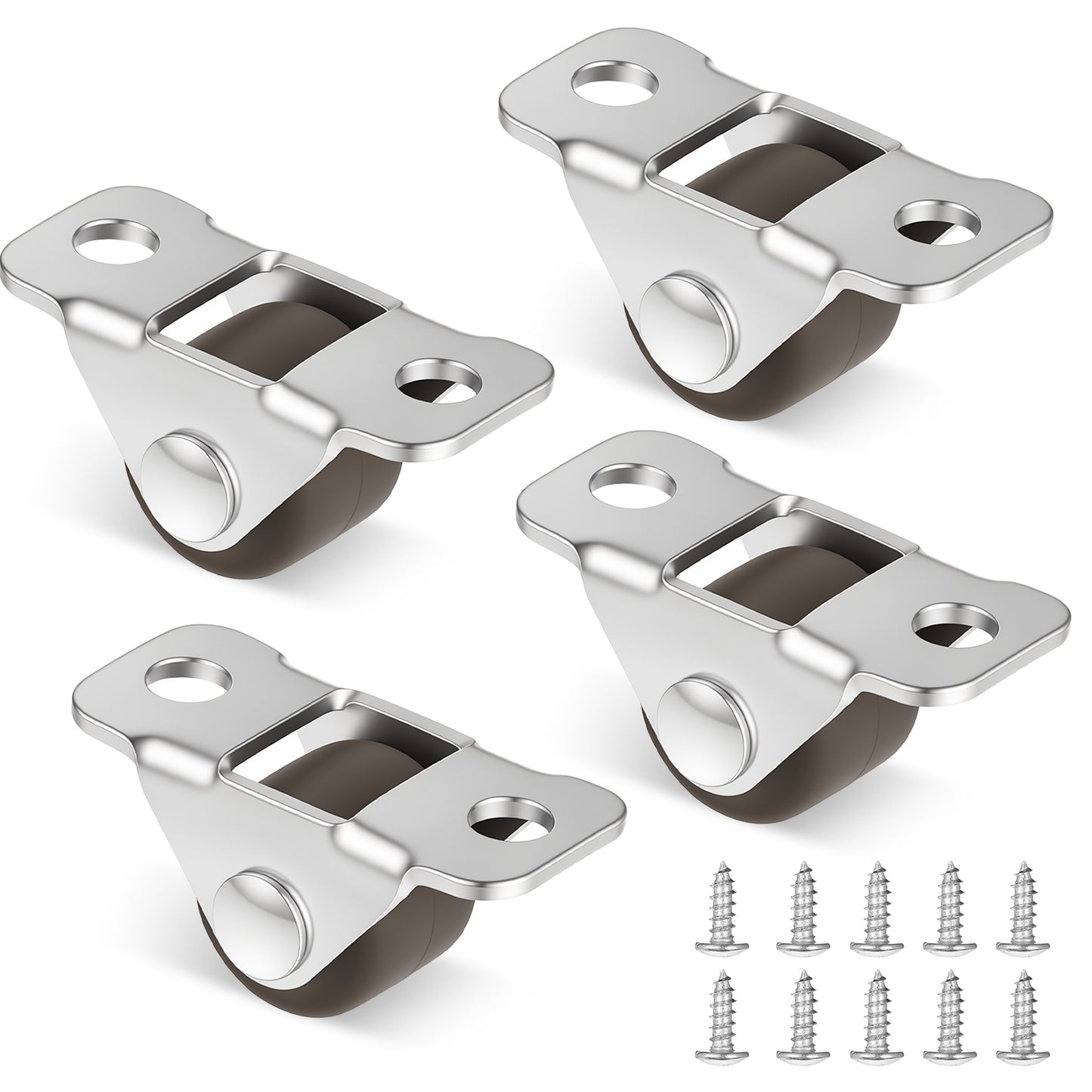 Mini Fixed Drawer Rubber Caster Wheels, 4 Packs 0.5 Inch Non Swivel Small Rigid Low Profile Roller Castors, Heavy-Duty Steel Frame, for Home Furniture and Under-Bed Storage, With 10 Screws, Brown
