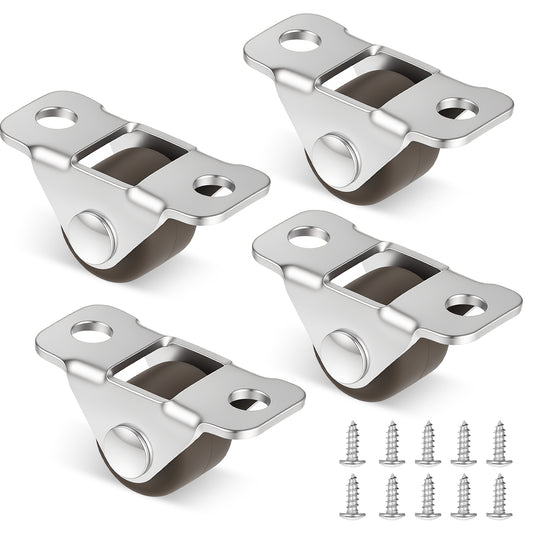Mini Fixed Drawer Rubber Caster Wheels, 4 Packs 0.5 Inch Non Swivel Small Rigid Low Profile Roller Castors, Heavy-Duty Steel Frame, for Home Furniture and Under-Bed Storage, With 10 Screws, Brown