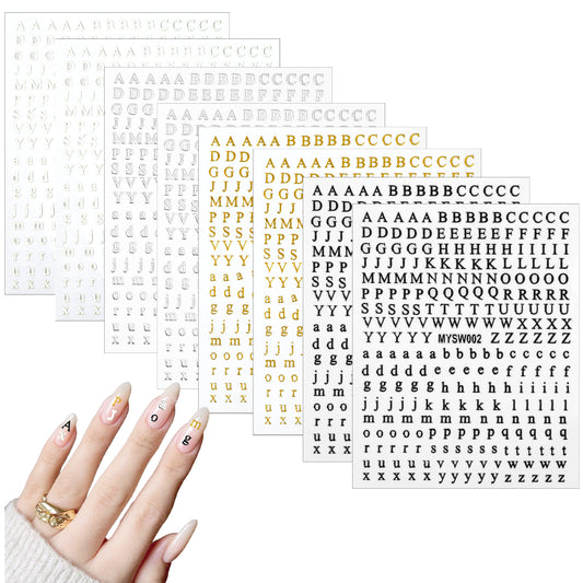 8 Sheets Letter Nail Stickers for Nail Art, 3D Self-Adhesive English Alphabet Nail Decals Gold Silver Black White Nails Stickers Big Small Letter Nail Art Design Stickers for DIY Nail Art Decorations