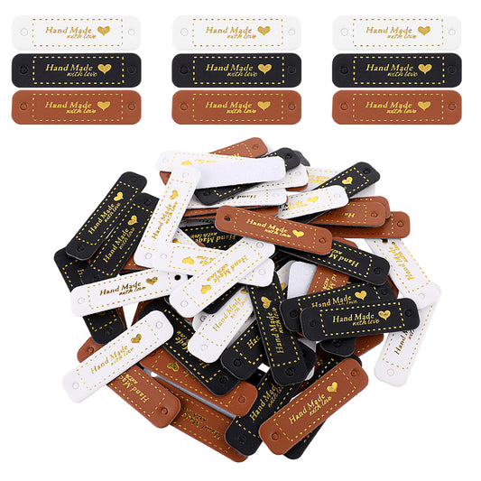 72Pcs PU Leather Tags for Handmade Items, Colorful PU Leather Labels with Holes Handmade with Love Sew on Clothing Tags for DIY Crafts Sewing Crochet Knitting Hats Dolls
