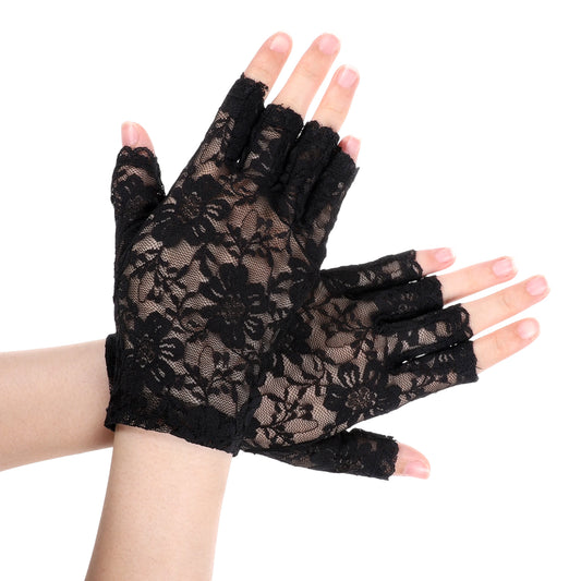 Qulkws Women Short Lace Gloves, Short Black Lace Gloves Fingerless, Sunblock Fingerless Bridal Wrist Glove for Wedding, Tea Party, Cosplay, Costume, Opera Evening Prom
