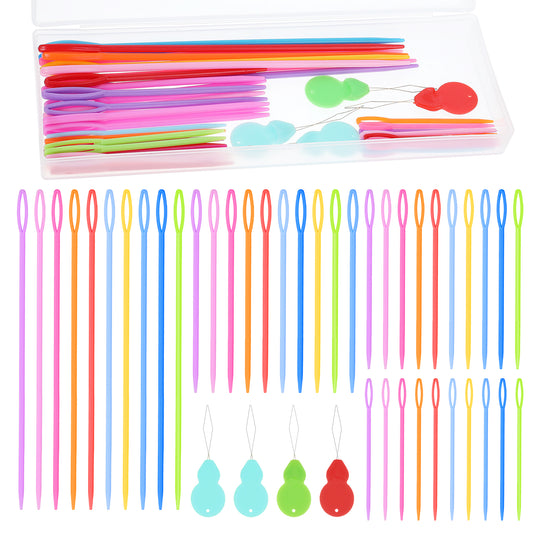 40 Pcs Plastic Sewing Needles with 2 Needle Threader and Box, 4 Sizes Large Eye Plastic Yarn Needles Darning Needles for Yarn Crochet Needles Sewing Needle Weaving Needles for DIY Handmade