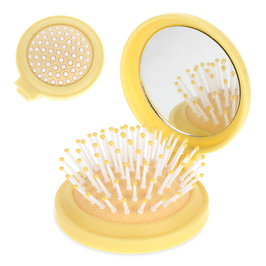 Compact Brush, Purse Brush Folding Mini Hair Brush Travel Brushes for Hair, Travel Hair Brush with Small Mirror, Foldable Mini Round Pocket Brush Mini Massage Comb Purse Mirror for Women (Yellow)