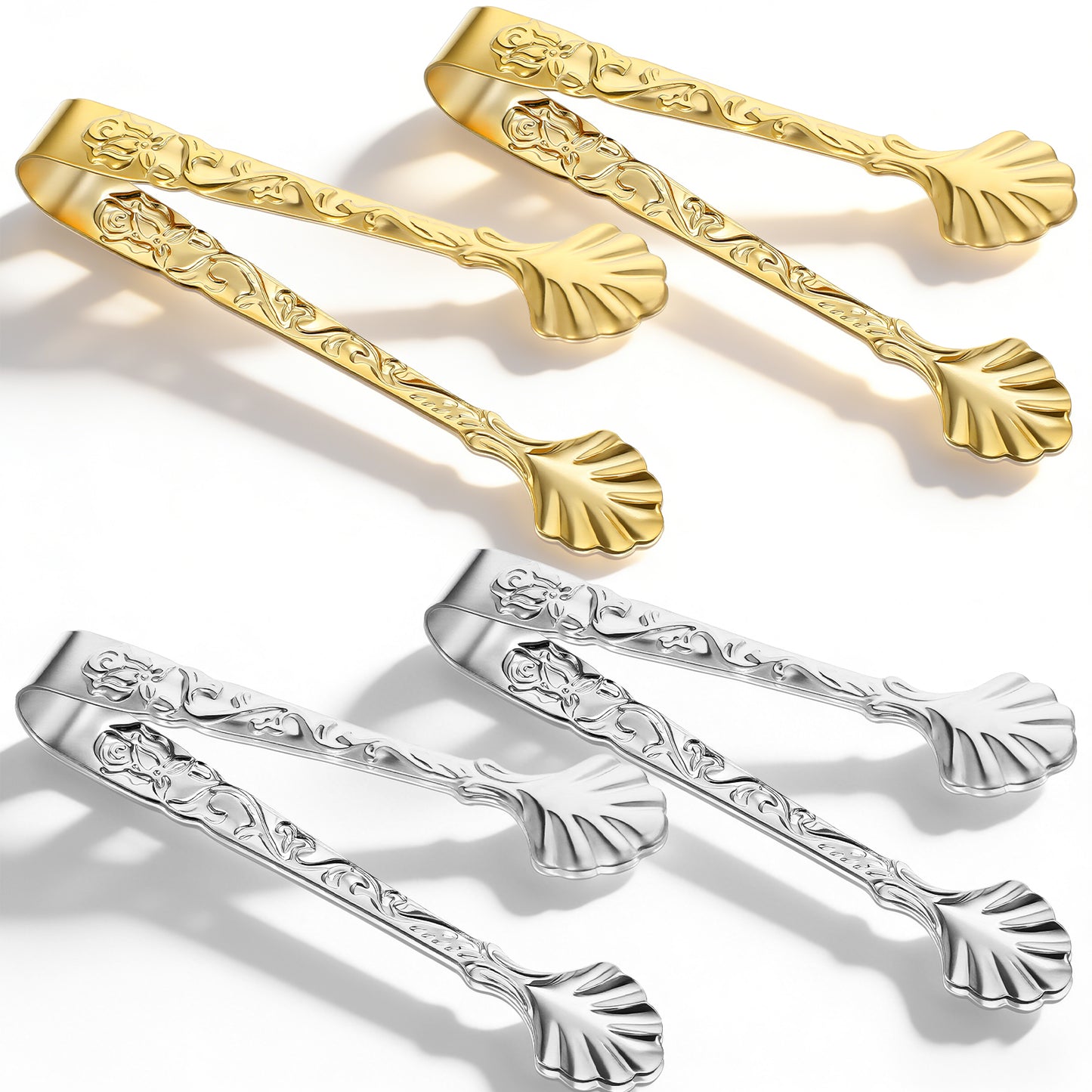 4 PCS Sugar Cube Tongs, Stainless Steel Ice Cube Tong with Rose Relief Handle, Vintage Small Serving Food Clips for Tea Coffee Candy Party Bar Appetizers Desserts Kitchen, Sliver and Gold