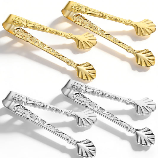 4 PCS Sugar Cube Tongs, Stainless Steel Ice Cube Tong with Rose Relief Handle, Vintage Small Serving Food Clips for Tea Coffee Candy Party Bar Appetizers Desserts Kitchen, Sliver and Gold