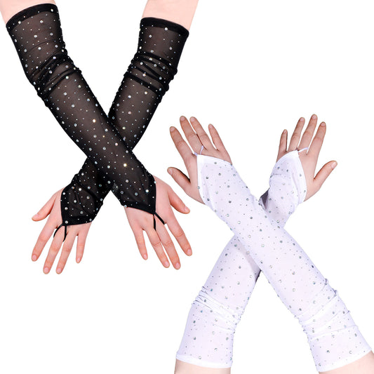 2 Pairs Rhinestone Long Fingerless Gloves, Rhinestone Fingerless Gloves, Women's 20s Sexy Sheer Long Gloves, Sparkly Tulle Sheer Gloves, Beaded Tulle Mesh Gloves, Long Evening Party Arm Sleeves