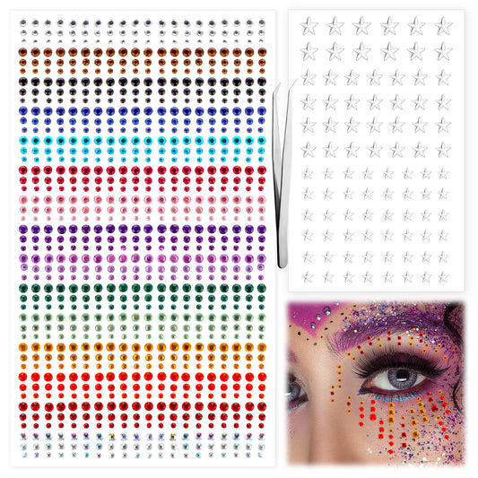 986pcs Self-Adhesive Face Rhinestones, 15 Colors Self Adhesive Rhinestone Stickers, Round Rainbow Face Gemstones with Silver Star Eye Gems Glitter Hair Jewels Stickers for Nails Face Makeup DIY