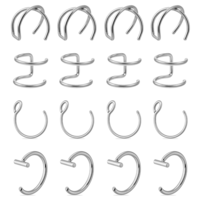 Psyqtsuary Fake Lip Piercing, 16 Pcs Stainless Steel Fake Lip Ring Clip on Nose Ring Hoop Faux Nose Piercing for Women Men (Silver)