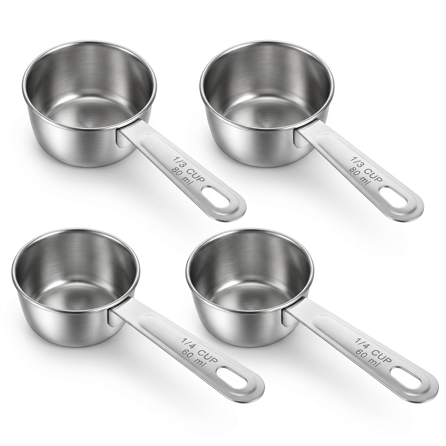 4 Pcs 1/4 1/3 Cup Measuring Cup, 60ml 80ml Stainless Steel Metal Measuring Scoop Measure Cups Tablespoon with Handle for Kitchen Liquid Dry and Wet Food Coffee Baking Cooking, Dishwasher Safe