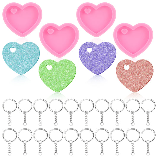 4 PCS Heart Shape Silicone Mold, Cute Hearts Casting Molds with Hole Silicone Epoxy Mould Kit DIY Keychain Moulds with 20Pcs Key Rings for Small Crafts
