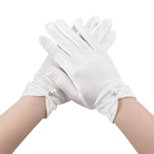 White Satin Gloves, Wrist Length White Gloves Women White Pearl Dress Gloves Short White Gloves Tea Party Gloves Bridal Gloves, Uniform Gloves Banquet Opera Gloves for Women Gown Gloves Wedding