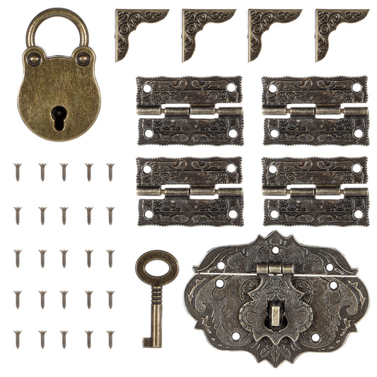 Jewelry Box Hinges Hasp Catch Lock, Antique Engraved Latch and Box Corner Protectors Hardware Kit Brass Hasp Clasp Latch Lock with Screws for DIY Wooden Case Furniture Cabinet Suitcase Decoration